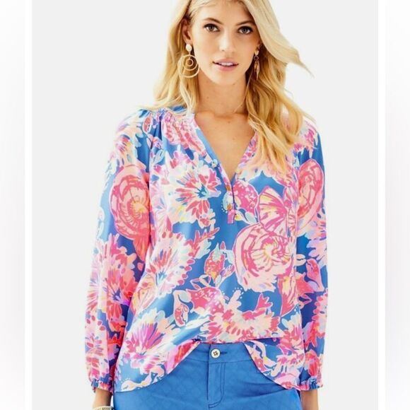 Lilly Pulitzer Tops - NWOT - Lilly Pulitzer Bennet Blue Bay Dreamin Elsa Blouse - Size Small